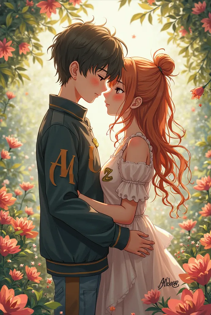 Make two lovers, a boy with clothes with the letter M and a girl with the letter Z in a beautiful way. Anime