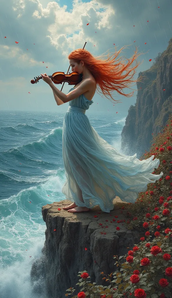 Far view of woman with flawless features, long red hair swirls in the wind, blue white dress in wind, passionately plays violin on a rugged cliff, wild sea below with high waves, gray clouds in the sky , rain falls in cascades, hyperrealistic surrealist ma...