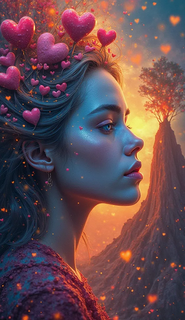 make a surrealistic abstraction of a group of woman combined with hearts forest (Beautiful side face, blue eyes: 1.3), (flor branca: 1.2), Colorful, Best quality, Detailed details, Masterpiece, official art, movie light effect, Woman chilling in volcano - ...