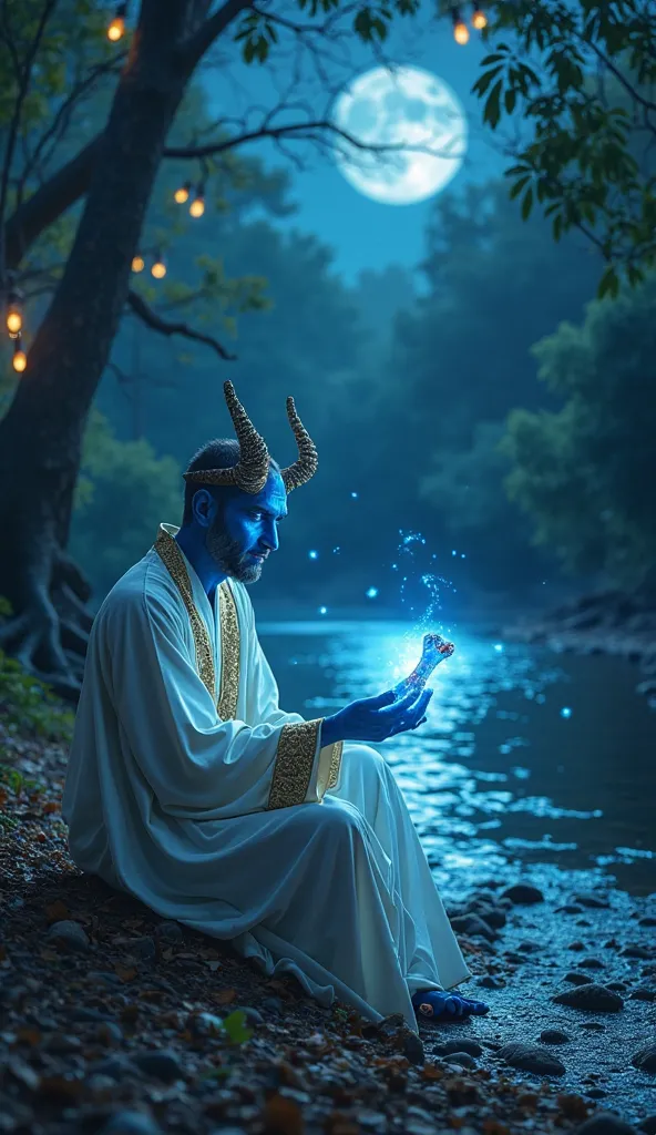 A nighttime scene in a peaceful moonlit forest, where a Muslim jinn sits by a shimmering river, holding a glowing celestial blue bone in his hand. His skin is slightly transparent blue, and his eyes emit a soft white light. He wears a long white robe adorn...