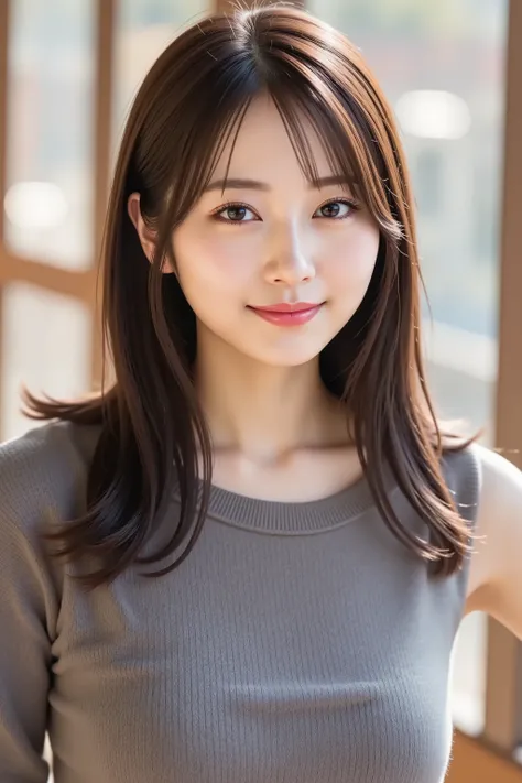The face is positioned exactly in the center of the image , , the entire head is fully reflected , Face clearly visible、hoodie, Women's Room Background , long hair、bungs, smile, young and cute japanese face , Official Art, high image quality CG Unity 8k wa...