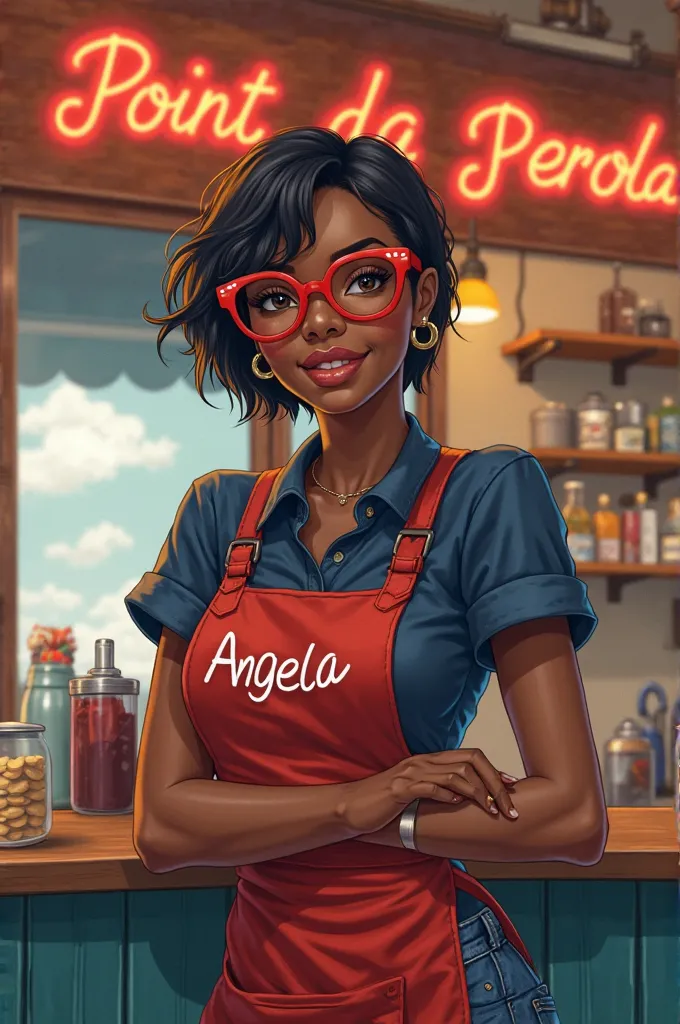 a black woman with short black hair , wearing an apron with her name Angela ,in the background there is a snack bar with the name written POINT DA PEROLA, she wears denim shorts and a dark blue blouse ,with red glasses,Everything is very beautiful in drawi...