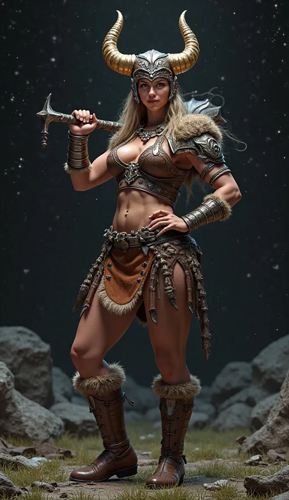 This is a highly detailed CGI rendering of a fierce, muscular female warrior, standing confidently in a battle-ready stance. She is dressed in medieval Norse-inspired armor, with a brown leather breastplate adorned with intricate metalwork and fur trim. He...