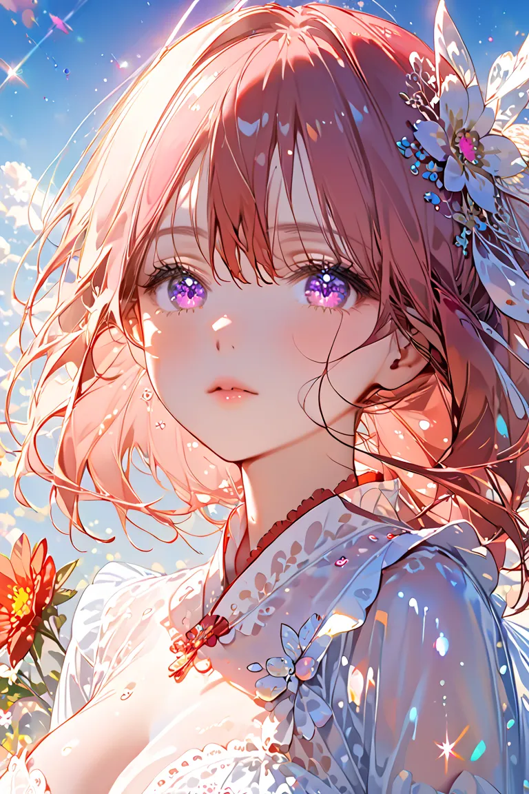 (Anime:1.4) Cute and surreal, cute young, beautiful girl with big breasts, makeup,, glowing eyes, close-up, upper body, holographic white, background dotted with even more sparkles and glitters. "Beautiful eyes blue sky. In the background is a mysterious b...