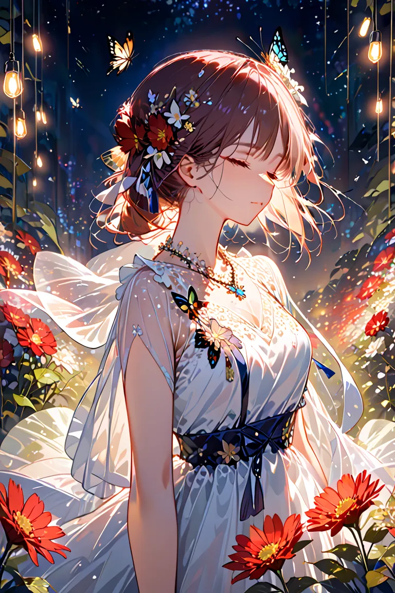 Masterpiece High Resolution Beautiful girl profile Transparent flowers approaching face with both hands Fantastic flower field Night Eyes closed

One girl, flowers blooming

Woman with star-shaped butterfly hair, surrounded by lights, one girl, insects, bu...