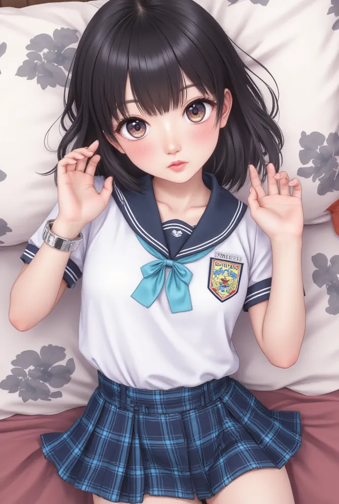 masterpiece, top quality , illustration , is very well detailed , details, high definition, 8k, wallpaper, perfect dynamic configuration ,( detailsで高品質,  realistic eye depiction :1.3), bed , short hair, ( wave hair:1.2), High School Classroom 、 high school...