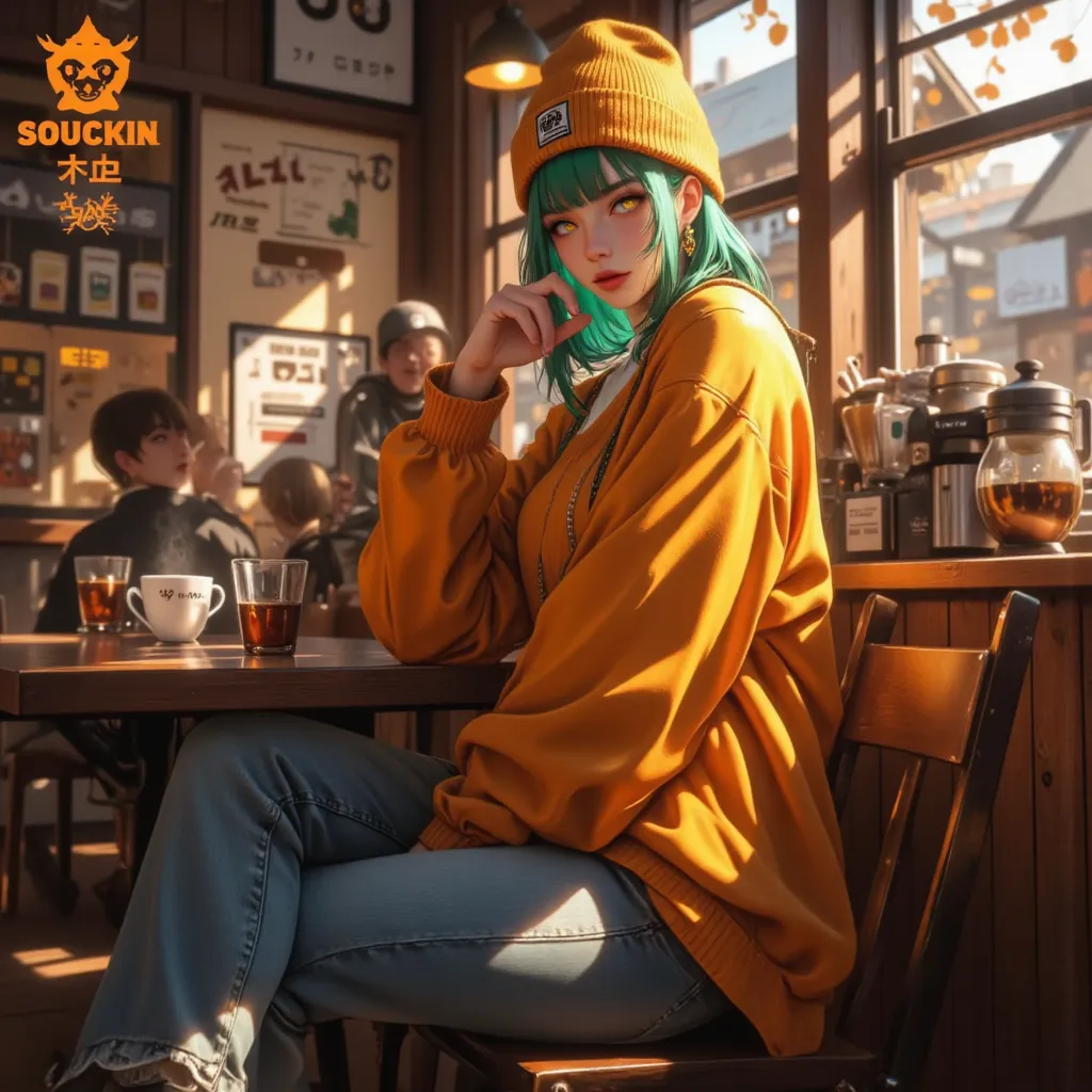 1girl, solo, Coffee shop, green hair, beanie, sweater, jeans, sitting on chair, dynamic pose, indoors, 