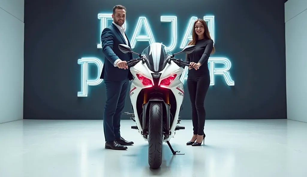 A captivating image of a ( 2025 Bajaj Pulsar 125)center stage in a luxurious white showroom. The futuristic, vibrant (creamy white red) exterior gleams, showcasing its sleek, aerodynamic design and bold accents. The words (Bajaj Pulsar 125) are prominently...