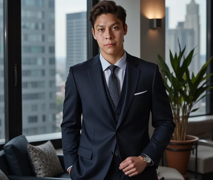 Edit this photo to highlight a sophisticated, executive style. Adjust the lighting to make the suit look polished and professional, using vibrant yet elegant colors (dark shades like navy, gray, or black). Focus on the face to make it look sharp and confid...