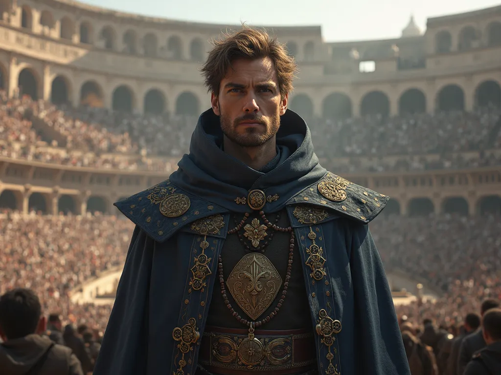 Wizard face, short brown hair and short hooded beard on his head showing only his eyes in a colosseum with packed grandstands in the medieval realist kingdom