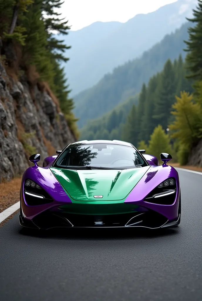 Full sports car with shades of green and purple
