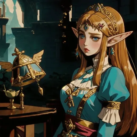  masterpiece , better_quality, 1 , Alone, princess zelda,     The Legend of Zelda, Nintendo, thanks, hair clip,   maid  , castle,face angelical,very beautiful elf princess,round face,Very pretty angel face