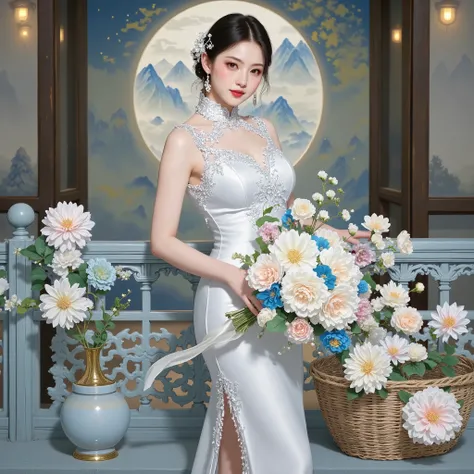  keywords：perm cheongsam/pearl earrings/enamel vase/Gardenia white flower/satin black silk cheongsam petticoat
 
Shape：hand-held velvet bouquet leaning against a carved railing，cheongsam stand collar buckle micro truffle neckline，black lace petticoat loomi...