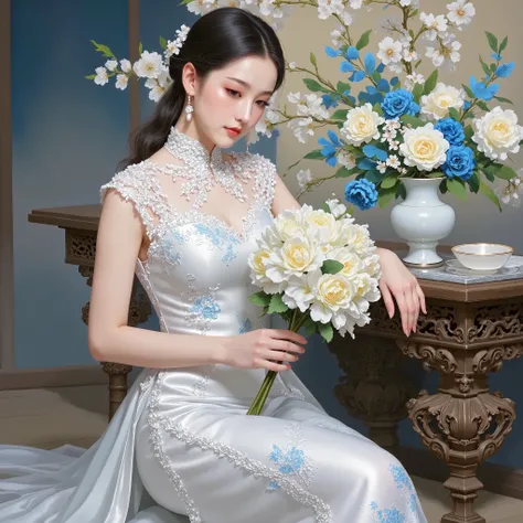  keywords：perm cheongsam/pearl earrings/enamel vase/Gardenia white flower/satin black silk cheongsam petticoat
 
Shape：hand-held velvet bouquet leaning against a carved railing，cheongsam stand collar buckle micro truffle neckline，black lace petticoat loomi...
