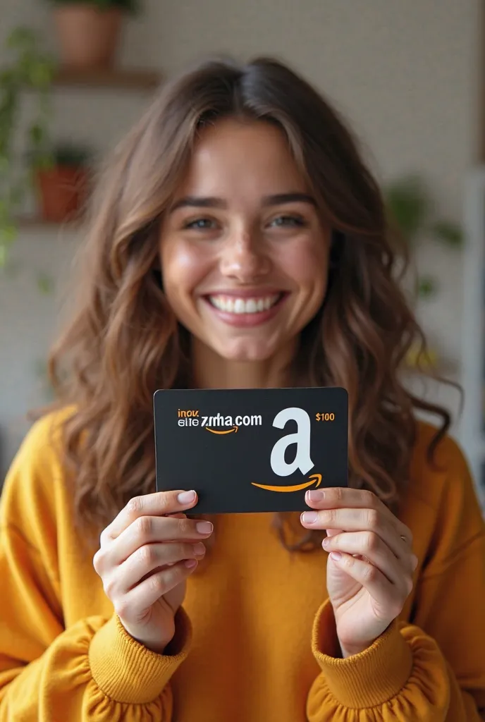 "A vibrant, eye-catching digital image of a beautiful young lady with a beautiful smile on her face holding and showcasing an Amazon $1000 gift card. The design includes the iconic Amazon logo. The giftcard must include $1000. It should be fun energetuc an...