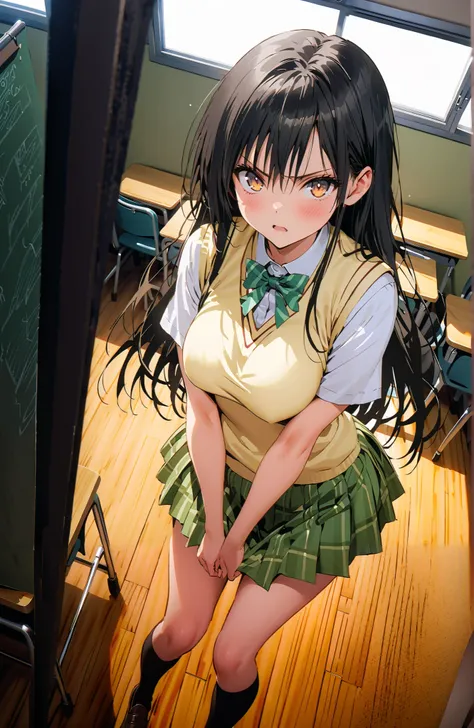 Yuikotegawa,  Yui Kotegawa , Alone,black hair, brown eyes, long hair,Big Breasts,
green skirt, thigh plaid, thigh plaid skirt, sainan high school uniform, school uniform, skirt, sweater vest,  yellow sweater, Short sleeve, black high socks,standing,skirtタグ...