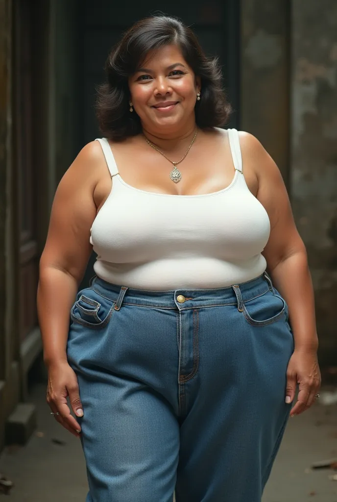 Hot mother indonesia bbw 50 year ago ((BBW)) plumper.Large ((BREAST)) wearing whie tank top transparent.BLue jeans pant.big wide side buttock