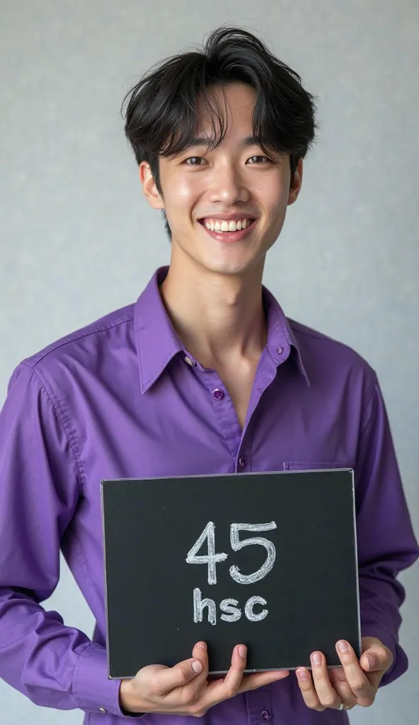 Photo of a Korean guy Handsome white skin with bangs Wearing a purple shirt while smiling again in the studio carries a glass blackboard that reads "45 HSC" 