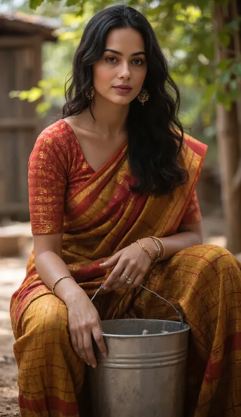 Sure! Here's the prompt in English:

"American female star Margot Robbie wearing a stunning Indian saree black hair, carrying a bucket filled with water, and sitting gracefully in a serene, rustic setting. The traditional attire and the simple, everyday ac...