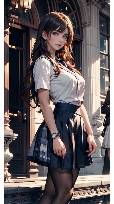 (very detailed CG:1.2), (masterpiece:1.2), (best quality:1.2),,((absurd dress)),Watch Viewers,Full Body, ,(1 girl),Alone,(long hair),(Masayom uniform),(white shirt short sleeve ),(Navy_Blue Pleated Skirt),(long skirt),dynamic angle,standing,dynamic pose,((...