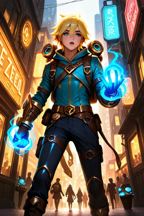 "Create a cartoon illustration of Ezreal, de League of Legends, in a bustling and colorful city. Ezreal must be at the center of the scene, with his characteristic and confident pose, holding his mystical gauntlet that emits an intense blue glow. He is wea...