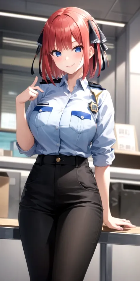 , nakano nino, short hair,  collector  , red hair,      smiling, big breasts, Sexy police, industrial park 