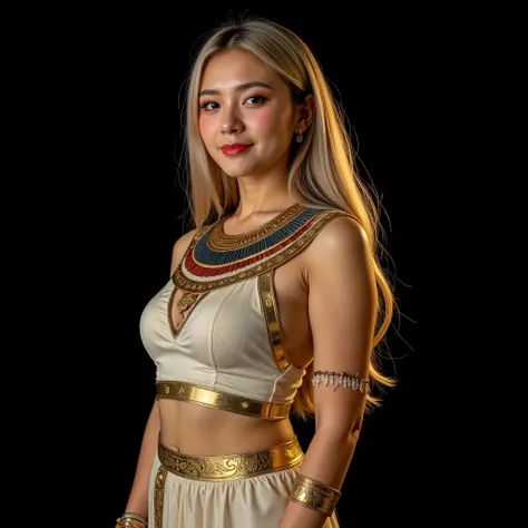 in the style of pharaohs and ancient egypt: full shot, realistic photography photo of a pharaoh woman with long, wavy blond hair and flawless skin, makeup, red lipstick, small smile, slender body, ultra detailed face, looking at viewer, blush, depth of fi...
