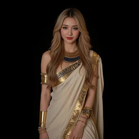  in the style of pharaohs and ancient egypt: full shot, realistic photography photo of a pharaoh woman with long, wavy blond hair and flawless skin, makeup, red lipstick, small smile, slender body, ultra detailed face, looking at viewer, blush, depth of fi...