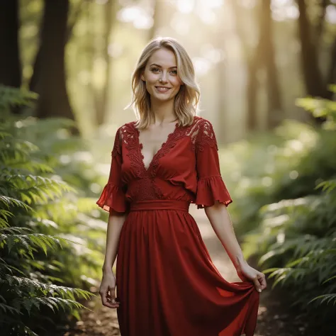 Professional photographic shot of a beautiful woman standing in a lush green forest, surrounded by vibrant ferns and tall trees. She has medium-length, slightly wavy blonde hair and fair skin, her warm smile radiating confidence. She wears a flowing red dr...