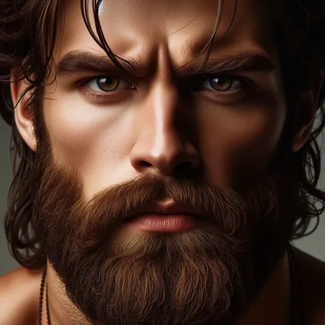 A close-up realistic depiction of Hercules. His hunter's gaze is piercing and intense, highlighting his strong jawline and rugged features. He has a thick, well-trimmed beard and long, flowing brown hair. His brown eyes look straight ahead, exuding determi...