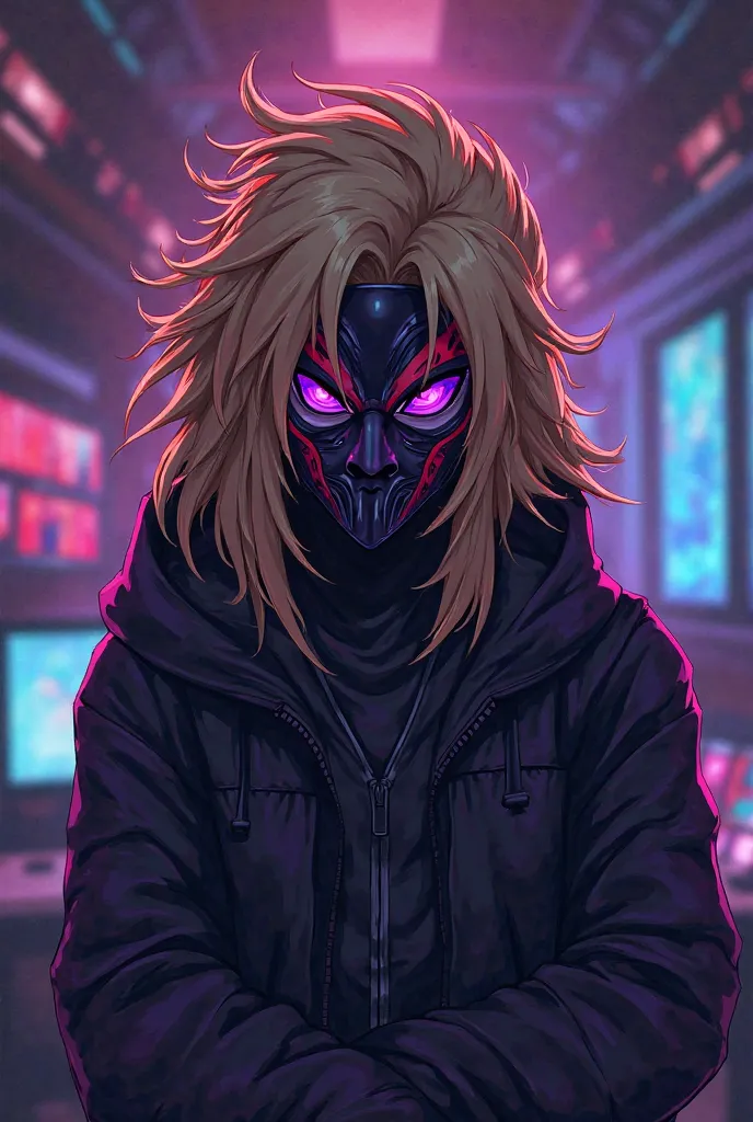 Masked character with color black and red and purple, Covered all over his face, With big hair with a gold color, With neon purple eyes, Background in a gamer room, anime theme, man