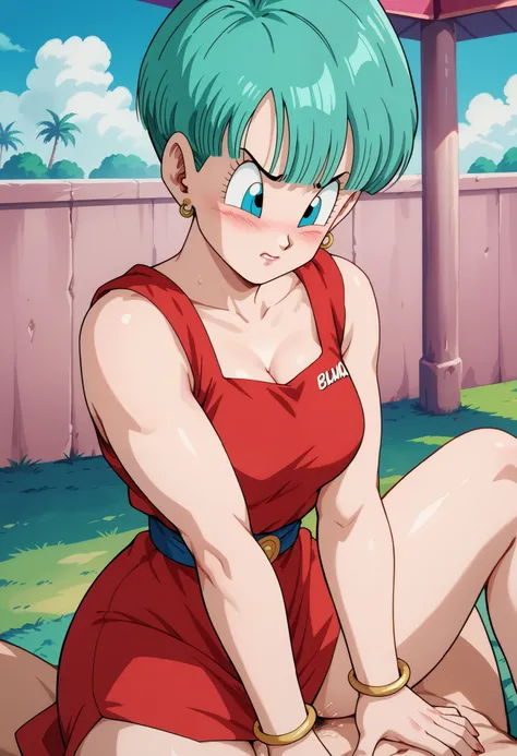 Bulma in her 40s having hot sex with her husband, Sitting back-to-back, red dress raised to the waist, blushed face, Shy, backwards looking at the spectator, Dragon Ball style art
