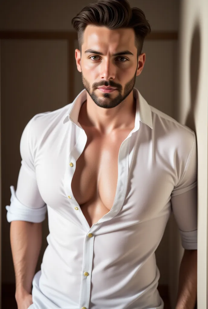 Handsome brunette man with tidy beard walks in the room, opens white shirt