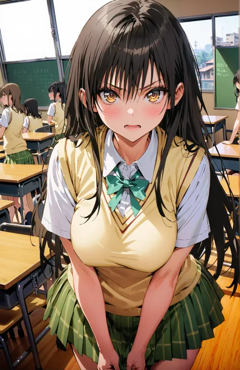 Yuikotegawa,  Yui Kotegawa , Alone,black hair, brown eyes, long hair,Big Breasts,
green skirt, thigh plaid, thigh plaid skirt, sainan high school uniform, school uniform, skirt, sweater vest,  yellow sweater, Short sleeve, black high socks,standing,skirtタグ...