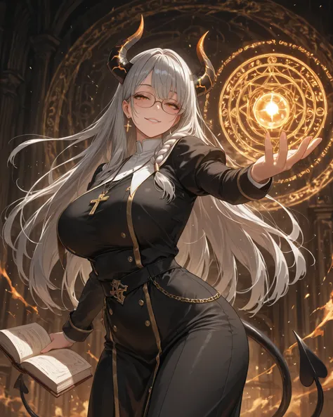 ((solo)), (Demonic Powers), cowboy shot, looking up, mature female, curvy beauty, ((grayhair with silver hair ends)), braid hair, long hair, demon horns, demon tail, straight hair, glasses, orange eyes, half closed eyes, mole under eye, large breasts, A pr...