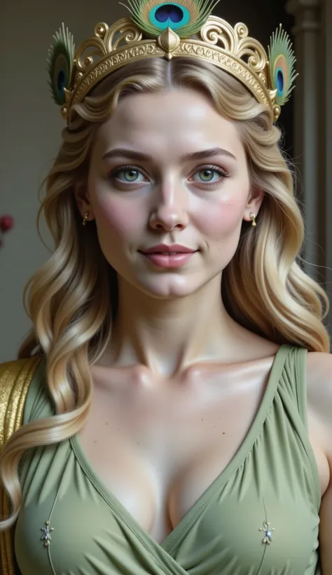 A realistic depiction of the goddess Hera, with striking green eyes and golden hair. She is wearing a light green tunic, embodying grace and divinity. Her crown is adorned with intricate designs inspired by peacock feathers, emphasizing her connection to t...