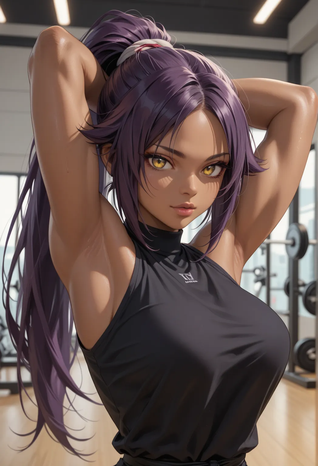 score_9, score_8_up, score_7_up, Score_9, score_8_up, score_7_up,  yoruichi shihouin, long hair, yellow eyes, ponytail, purple hair, dark skin, dark-skinned female, delicious lips,  large breasts, tight black tunic, exposed shoulders, stretching her arms, ...