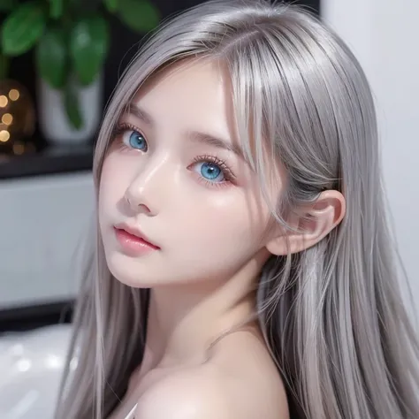  Perfectly Beautiful and Pretty Face, Sexy and Fresh Look 、long bangs、 Extremely beautiful super long super long straight platinum blonde hair 、 beautiful facial hair 、very cute and beautiful sexy young woman、Very perfect, beautiful, cute face、Beautiful Cl...