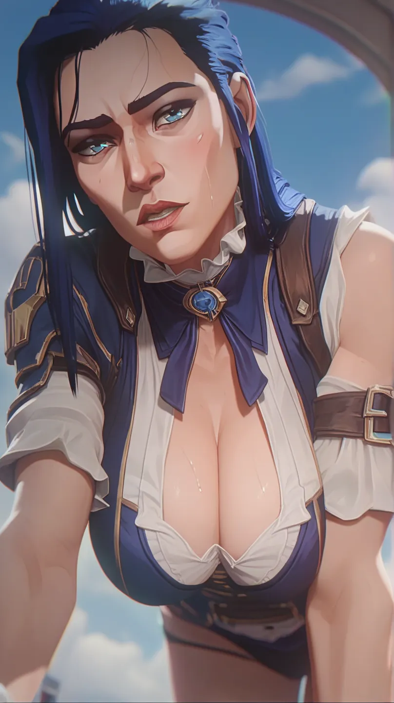 (Arcane) One girl, Caitlyn, detailed face, beautiful face, blushed, leaning over, look viewer, sweating, big breasts, no wearing underwear