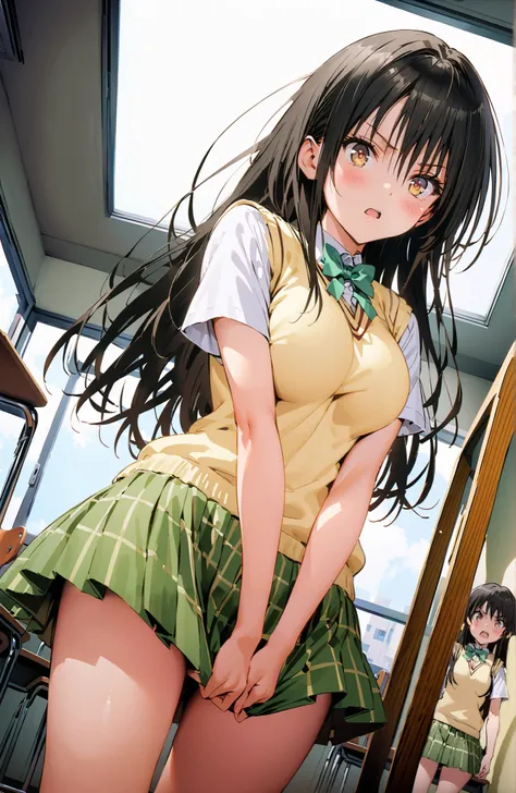 Yuikotegawa,  Yui Kotegawa , Alone,black hair, brown eyes, long hair,Big Breasts,
green skirt, thigh plaid, thigh plaid skirt, sainan high school uniform, school uniform, skirt, sweater vest,  yellow sweater, Short sleeve, black high socks,standing,skirtタグ...