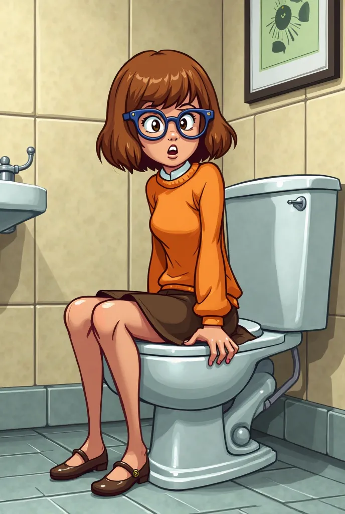 Velma sitting on toilet 