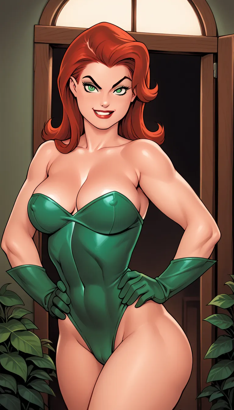 score_9, score_8_up, score_7_up, score_6_up, masterpiece, best quality, | 1girl, DC universe, Batman cartoon style, HSPoisonIvy, human skin, hot body, round ass, red hair, green eyes, smirk, flirting, raised eyebrow, ((looking at viewer)), bare shoulders, ...