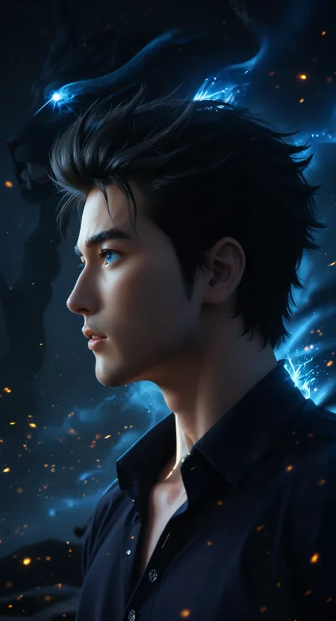 ((Hyper-realistic, cinematic fantasy portrait)) of a young Korean man with sharp, well-defined facial features, an intense gaze, and slightly parted lips. His piercing glowing blue eyes emit a faint ethereal energy, with streaks of light subtly coursing th...