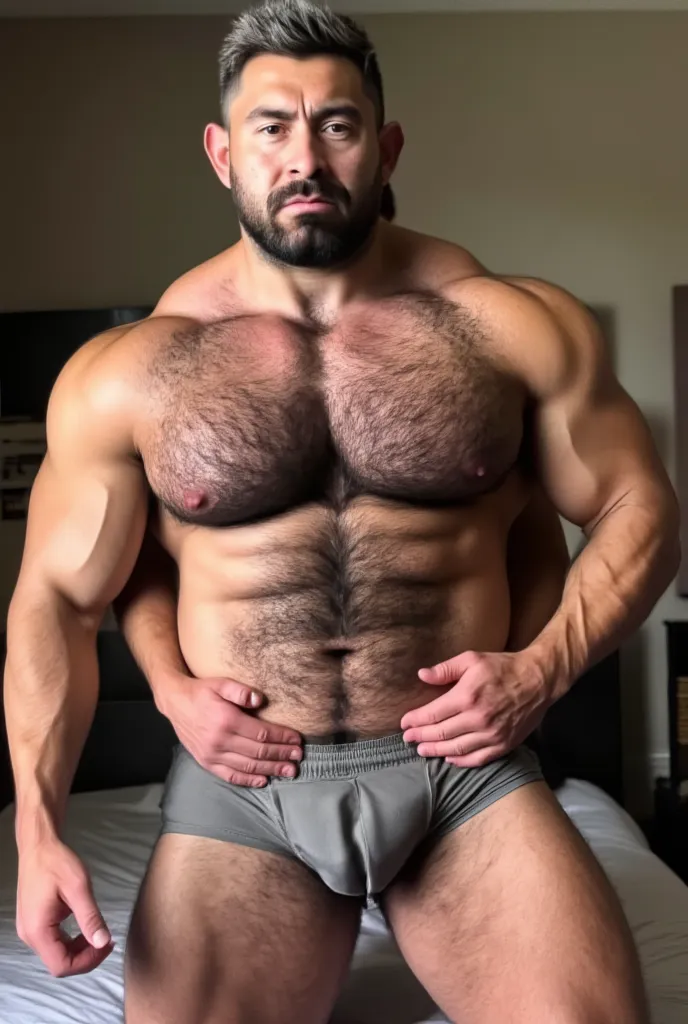 Two muscular bodybuilder, heavy hairy chest, man with dark short silver hair, wearing only worn grey tight underwear showing gigantic bulge, with massive hairy pecs, really hairy armpits, heavily wet skin, big arms, massive trapezium muscle, perfect massiv...