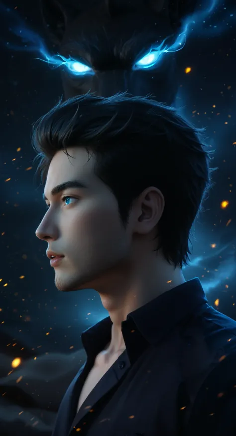 ((Hyper-realistic, cinematic fantasy portrait)) of a young Korean man with sharp, well-defined facial features, an intense gaze, and slightly parted lips. His piercing glowing blue eyes emit a faint ethereal energy, with streaks of light subtly coursing th...