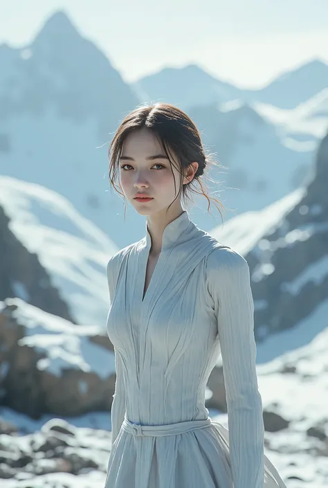 (ultra Realistic) , (illustration), (Enhance resolution), (8k), ( Extremely Detailed), ( detailed face ), Slim Body, in the dark , deep shadow, low profile, pureerosfaceace_v1, Happy smile, Winter, Mountain
