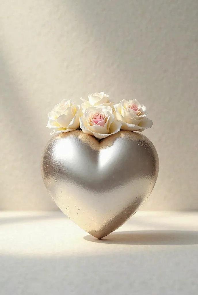 Heart-shaped reliquary in white gold, that has white roses on the top only on the top,  pink and yellow 