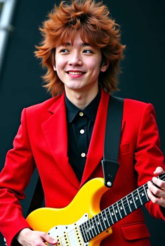 Japanese Cute Hideto Matsumoto aged 21 the lead singer and guitarist of  hide with spread beaver with pale face and black eyeshadoe, his typical 'hide' look in a red suit with brown hair with his yellow Fernandes mg guitar. He is looking at the audience wi...