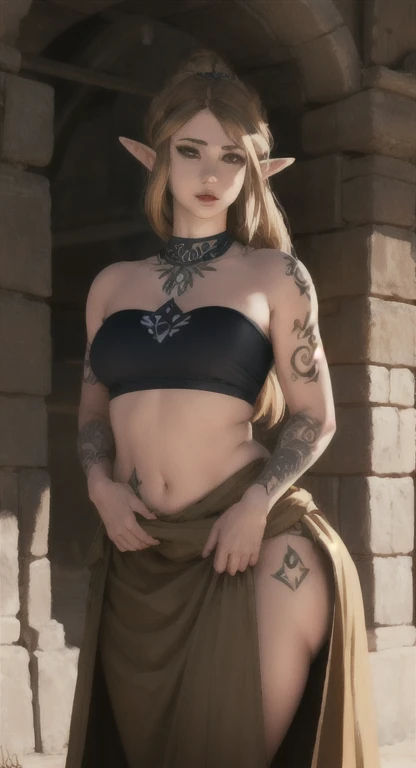 Extremely realistic shading, masterpiece, extremely detailed, photorealistic, Light brown hair, green eyes, medieval princess Zelda, tube top, loincloth, looking at viewer, tattoos,