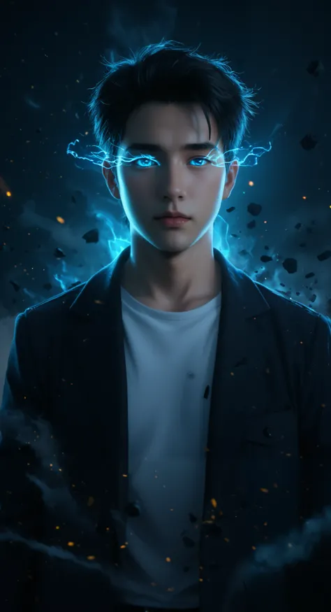 ((Hyper-realistic, cinematic fantasy portrait)) of a young Korean man with intense glowing blue eyes, radiating ethereal energy. His sharp and well-defined facial features exude a stoic and mysterious aura. His black, slightly tousled hair is illuminated b...